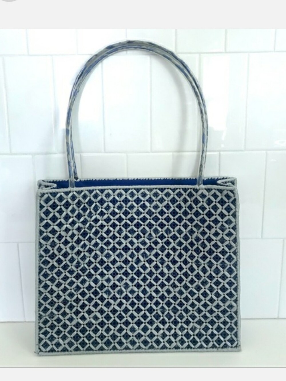 Vintage 60’s blue & gray plastic weave purse bag